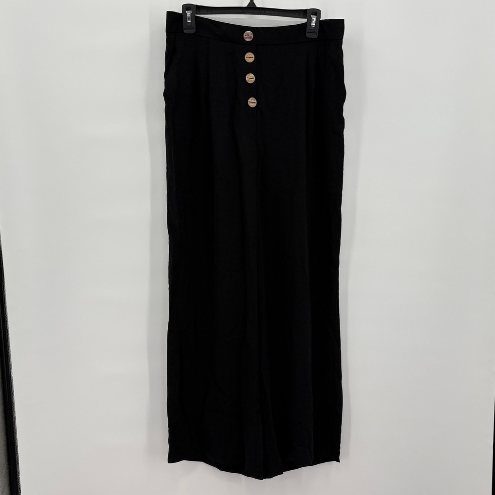 Primark Womens Black Wide Leg High Rise Button Fly Pleated Trousers Size 10 SS20